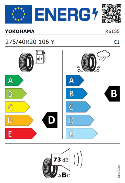 Tyre Label for Yokohama V103B 275/40R20 106Y